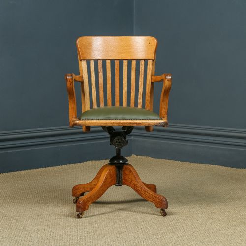 fig 4. Antique English Edwardian Oak & Green Leather Revolving Office Desk Chair / Armchair (Circa 1910)