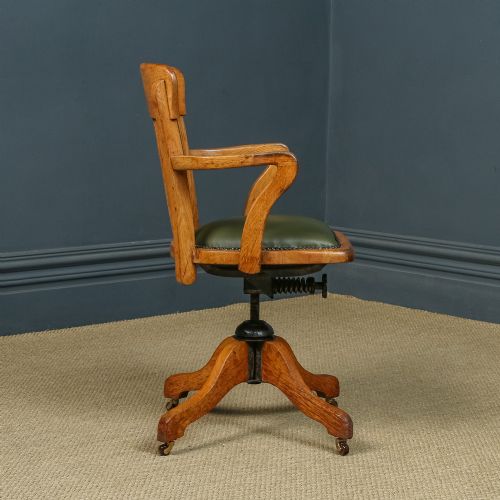 fig 5. Antique English Edwardian Oak & Green Leather Revolving Office Desk Chair / Armchair (Circa 1910)