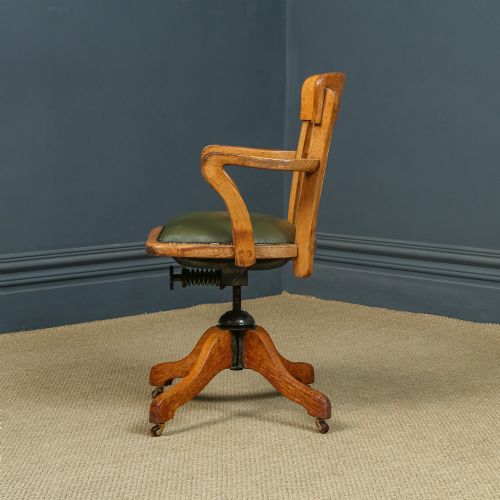 fig 6. Antique English Edwardian Oak & Green Leather Revolving Office Desk Chair / Armchair (Circa 1910)
