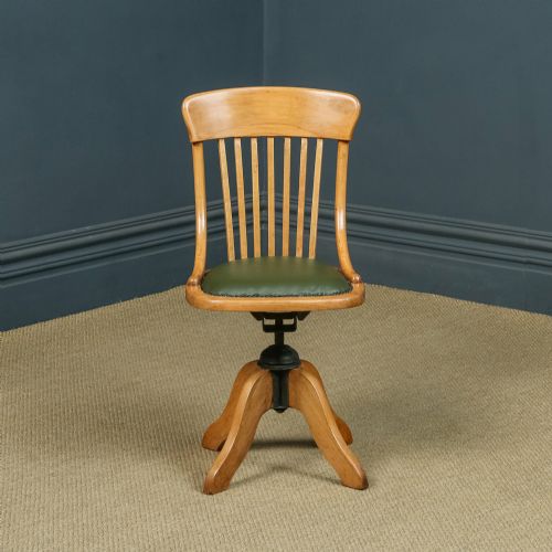 fig 1. Antique English Edwardian Beech & Green Leather Revolving Armless Office Desk Side Chair (Circa 1910)