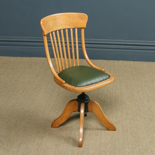 fig 2. Antique English Edwardian Beech & Green Leather Revolving Armless Office Desk Side Chair (Circa 1910)