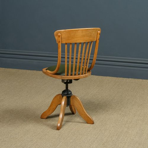 fig 3. Antique English Edwardian Beech & Green Leather Revolving Armless Office Desk Side Chair (Circa 1910)