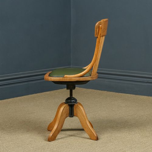 fig 4. Antique English Edwardian Beech & Green Leather Revolving Armless Office Desk Side Chair (Circa 1910)