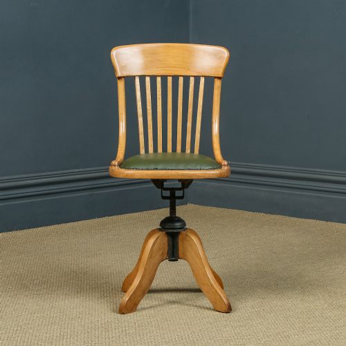 fig 5. Antique English Edwardian Beech & Green Leather Revolving Armless Office Desk Side Chair (Circa 1910)