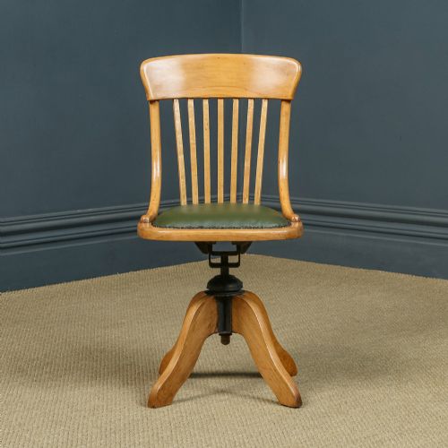 fig 6. Antique English Edwardian Beech & Green Leather Revolving Armless Office Desk Side Chair (Circa 1910)