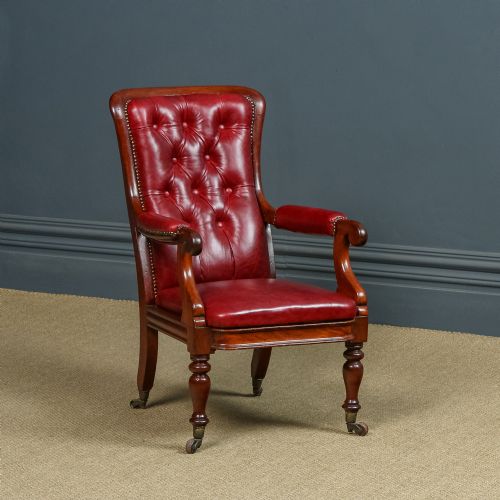 Antique English Victorian Mahogany Upholstered Red Leather Fireside  Armchair (Circa 1860)