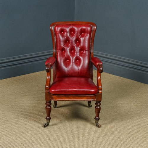 fig 1. Antique English Victorian Mahogany Upholstered Red Leather Fireside Armchair (Circa 1860)