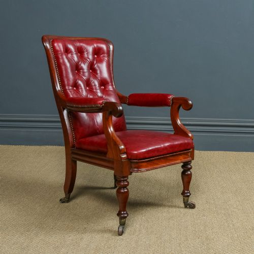 fig 2. Antique English Victorian Mahogany Upholstered Red Leather Fireside Armchair (Circa 1860)