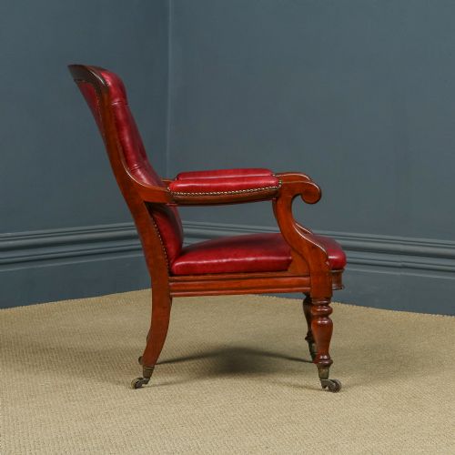 fig 4. Antique English Victorian Mahogany Upholstered Red Leather Fireside Armchair (Circa 1860)