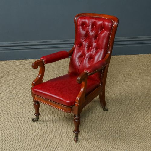 fig 5. Antique English Victorian Mahogany Upholstered Red Leather Fireside Armchair (Circa 1860)