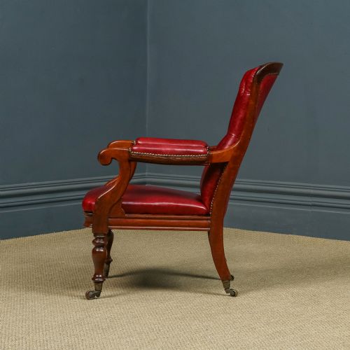 fig 6. Antique English Victorian Mahogany Upholstered Red Leather Fireside Armchair (Circa 1860)