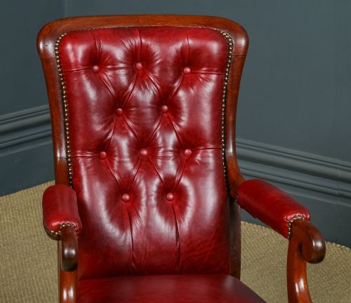 fig 7. Antique English Victorian Mahogany Upholstered Red Leather Fireside Armchair (Circa 1860)