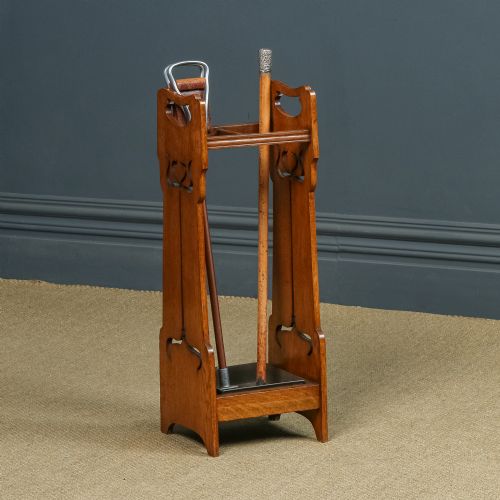 Antique English Victorian Arts & Crafts Liberty & Co. Design Oak Stick & Umbrella Hall Stand (Circa 1890)