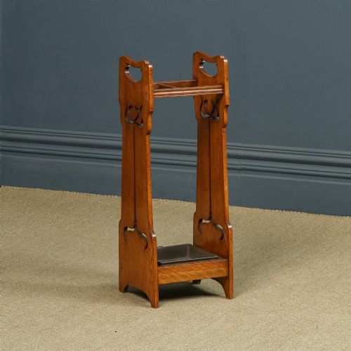 fig 1. Antique English Victorian Arts & Crafts Liberty & Co. Design Oak Stick & Umbrella Hall Stand (Circa 1890)