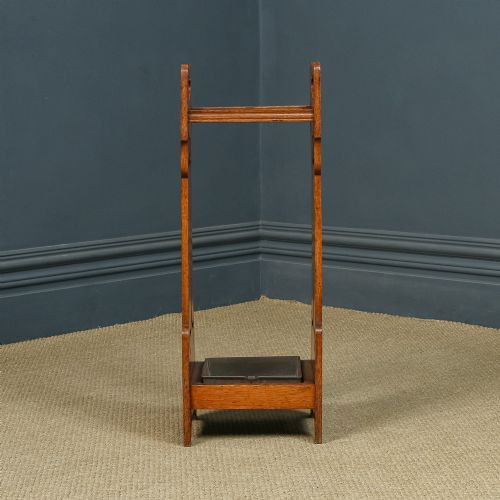 fig 4. Antique English Victorian Arts & Crafts Liberty & Co. Design Oak Stick & Umbrella Hall Stand (Circa 1890)