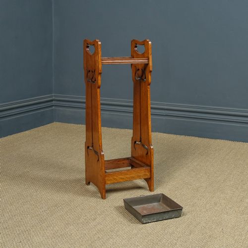 fig 6. Antique English Victorian Arts & Crafts Liberty & Co. Design Oak Stick & Umbrella Hall Stand (Circa 1890)