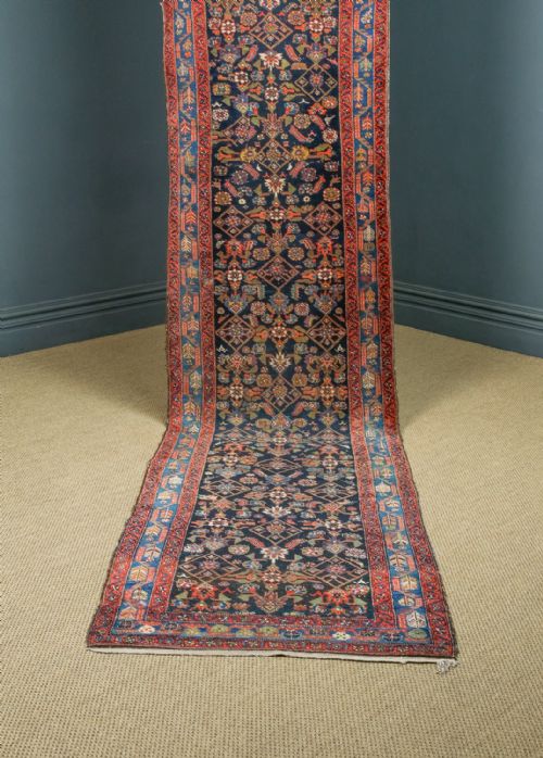 ANTIQUE VICTORIAN 14 FT PERSIAN TURKISH KURDISH WOOL NARROW RED BLUE RUNNER HALL FLOOR RUG CIRCA 1890 - ADDITIONAL PHOTO 6