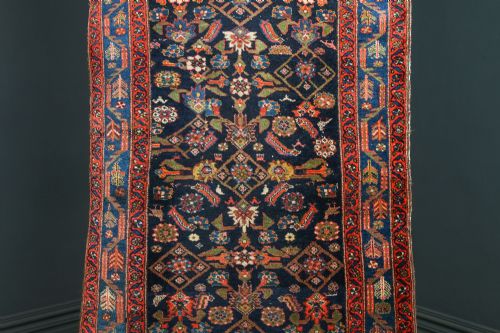 ANTIQUE VICTORIAN 14 FT PERSIAN TURKISH KURDISH WOOL NARROW RED BLUE RUNNER HALL FLOOR RUG CIRCA 1890 - ADDITIONAL PHOTO 3
