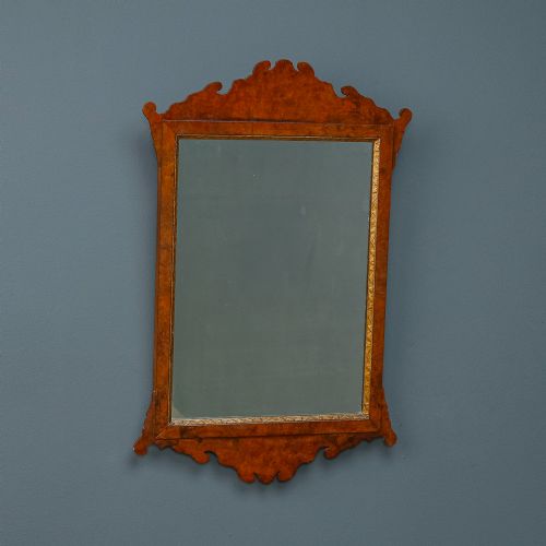 fig 1. Antique English Georgian Chippendale Design Burr Walnut Hanging Portrait Wall Mirror (Circa 1770)