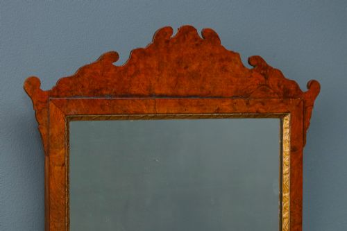 fig 2. Antique English Georgian Chippendale Design Burr Walnut Hanging Portrait Wall Mirror (Circa 1770)