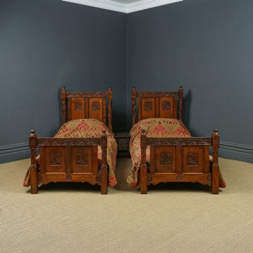 Antique English Victorian Arts & Crafts Pair of Carved Oak 3ft Single Beds (Circa 1890)