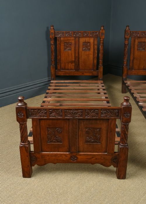 fig 6. Antique English Victorian Arts & Crafts Pair of Carved Oak 3ft Single Beds (Circa 1890)
