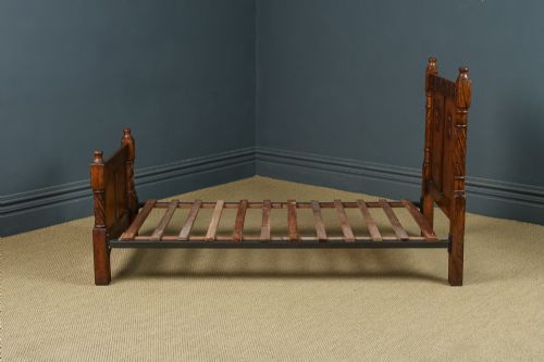 fig 1. Antique English Victorian Arts & Crafts Pair of Carved Oak 3ft Single Beds (Circa 1890)