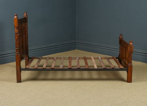 fig 3. Antique English Victorian Arts & Crafts Pair of Carved Oak 3ft Single Beds (Circa 1890)