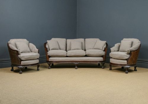 fig 1. Antique Edwardian Chippendale Three Piece Curved Mahogany Bergere Suite Cane Couch Settee Sofa Lounge Suite (Circa 1910)