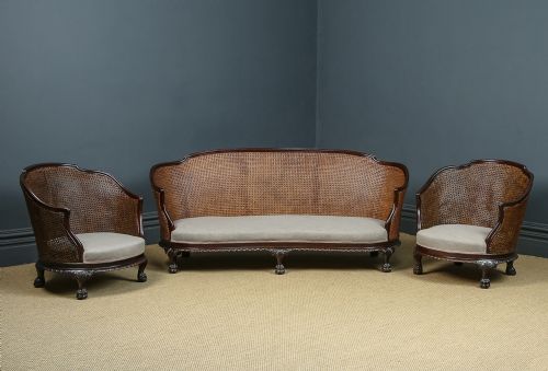 fig 2. Antique Edwardian Chippendale Three Piece Curved Mahogany Bergere Suite Cane Couch Settee Sofa Lounge Suite (Circa 1910)