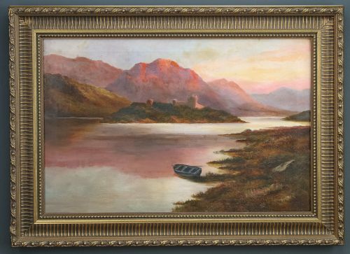 fig 1. Antique Scottish Victorian Highland Loch & Castle Landscape Oil Painting Picture by F.E. Jamieson (Circa 1900)