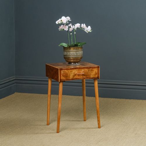 Antique English Art Deco Burr Walnut Serpentine Bedside Occasional Side Table with Drawer (Circa 1930)