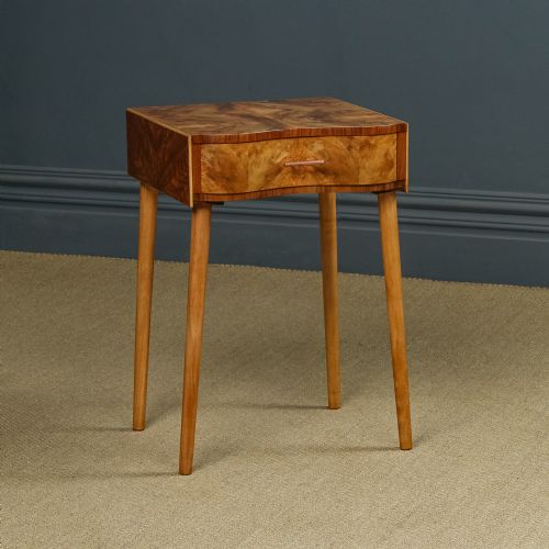 fig 1. Antique English Art Deco Burr Walnut Serpentine Bedside Occasional Side Table with Drawer (Circa 1930)