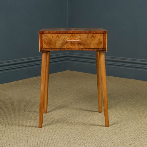 fig 2. Antique English Art Deco Burr Walnut Serpentine Bedside Occasional Side Table with Drawer (Circa 1930)