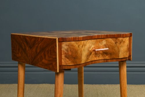 fig 6. Antique English Art Deco Burr Walnut Serpentine Bedside Occasional Side Table with Drawer (Circa 1930)