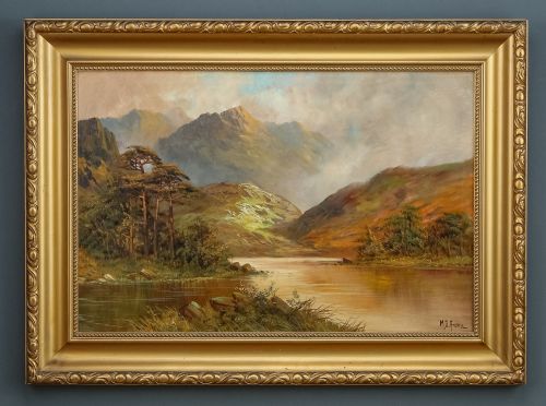fig 1. Antique Scottish Victorian Highland Loch & Bothy Landscape Oil Painting Picture by F. E. Jamieson (Circa 1900)