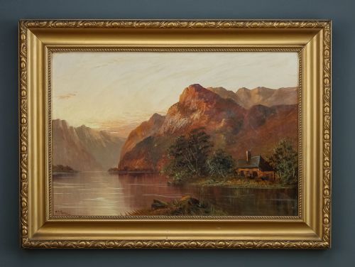 fig 1. Antique Scottish Victorian Highland Loch & Bothy Landscape Oil Painting Picture by F. E. Jamieson (Circa 1900)