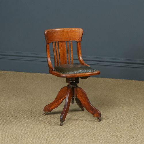 Antique English Edwardian Oak & Green Leather Revolving Angus Office Desk Side Chair (Circa 1910)