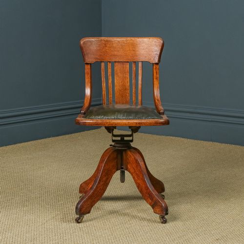 fig 1. Antique English Edwardian Oak & Green Leather Revolving Angus Office Desk Side Chair (Circa 1910)