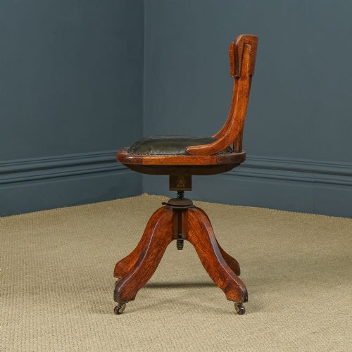 fig 2. Antique English Edwardian Oak & Green Leather Revolving Angus Office Desk Side Chair (Circa 1910)