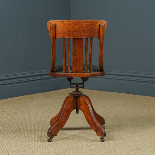 fig 3. Antique English Edwardian Oak & Green Leather Revolving Angus Office Desk Side Chair (Circa 1910)