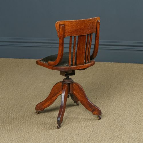 fig 4. Antique English Edwardian Oak & Green Leather Revolving Angus Office Desk Side Chair (Circa 1910)