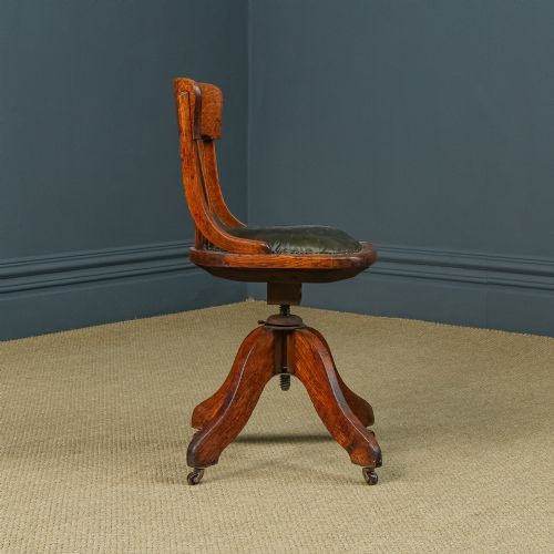 fig 5. Antique English Edwardian Oak & Green Leather Revolving Angus Office Desk Side Chair (Circa 1910)