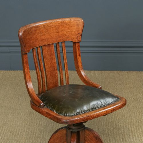 fig 6. Antique English Edwardian Oak & Green Leather Revolving Angus Office Desk Side Chair (Circa 1910)