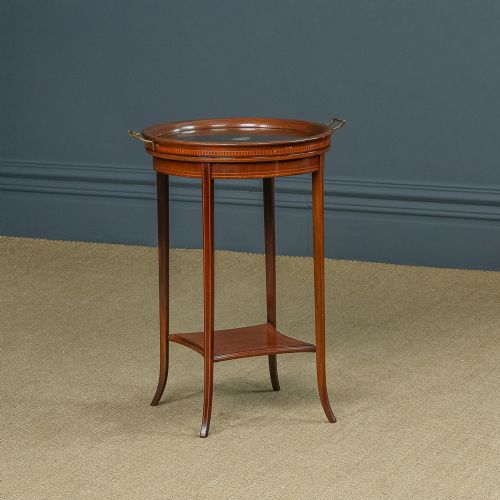 Antique English Edwardian Mahogany & Satinwood Sheraton Revival Circular Drinks Tray Occasional Table (Circa 1910)