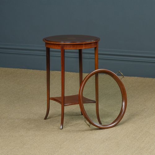 fig 1. Antique English Edwardian Mahogany & Satinwood Sheraton Revival Circular Drinks Tray Occasional Table (Circa 1910)