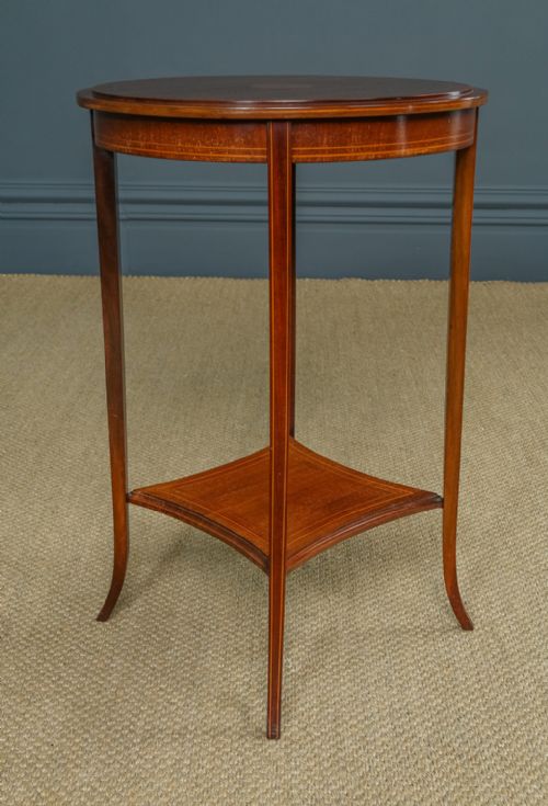 fig 2. Antique English Edwardian Mahogany & Satinwood Sheraton Revival Circular Drinks Tray Occasional Table (Circa 1910)