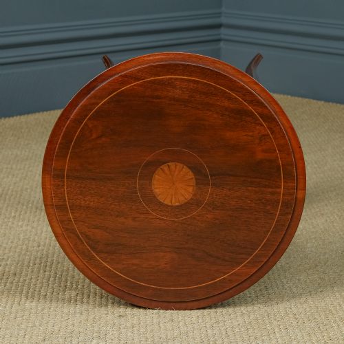 fig 4. Antique English Edwardian Mahogany & Satinwood Sheraton Revival Circular Drinks Tray Occasional Table (Circa 1910)