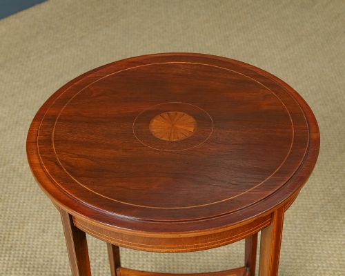 fig 5. Antique English Edwardian Mahogany & Satinwood Sheraton Revival Circular Drinks Tray Occasional Table (Circa 1910)
