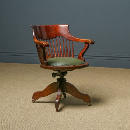 Antique English Edwardian Oak & Green Leather Revolving Swivel Office Desk Chair / Armchair (Circa 1910)